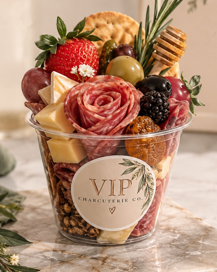 A VIP charcuterie cup with a salami rose, cheeses, a strawberry, olives and a honey dipper, the VIP label on the front