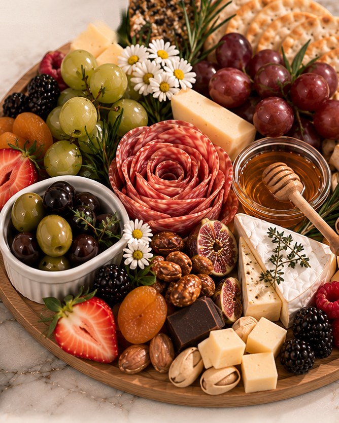 The Petite VIP on a round wooden board — a salami rose, honey with a dipper, brie, grapes, berries, nuts and daisies