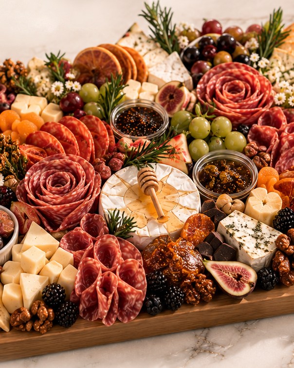 The Grand VIP laid across a large board — several salami roses, a honey-drizzled brie, figs, grapes, crackers and candied walnuts