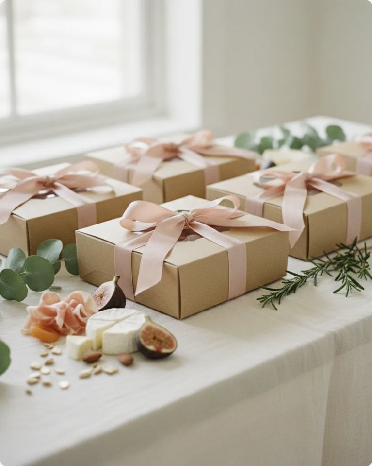 Kraft charcuterie gift boxes tied with dusty-pink ribbon on a linen table, with figs, prosciutto and eucalyptus