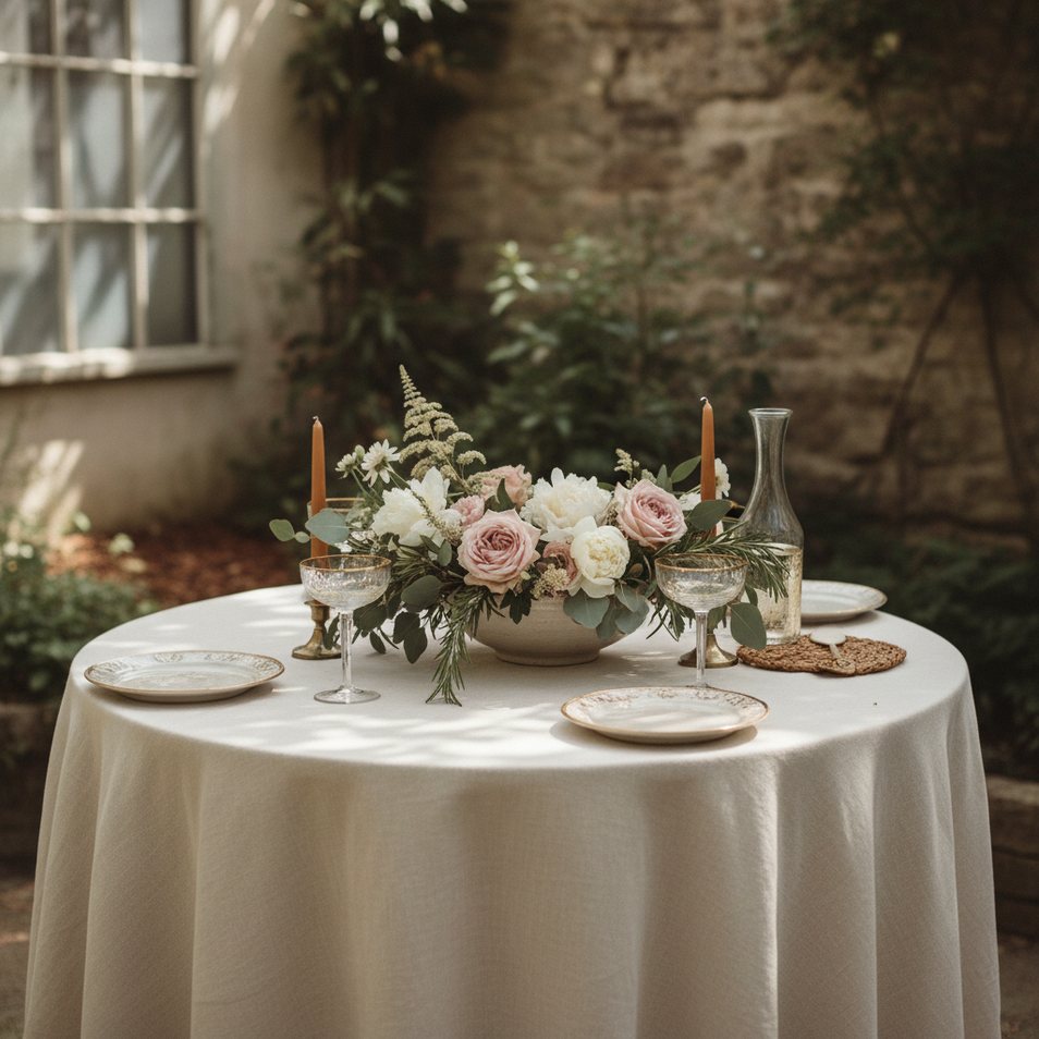 An outdoor table set among greenery
