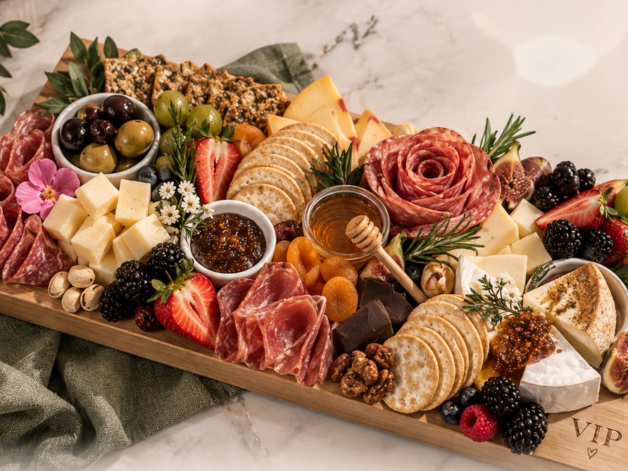The Classic VIP close up — a salami rose, honey in a small jar, crackers, brie, figs, walnuts and berries on a wooden board