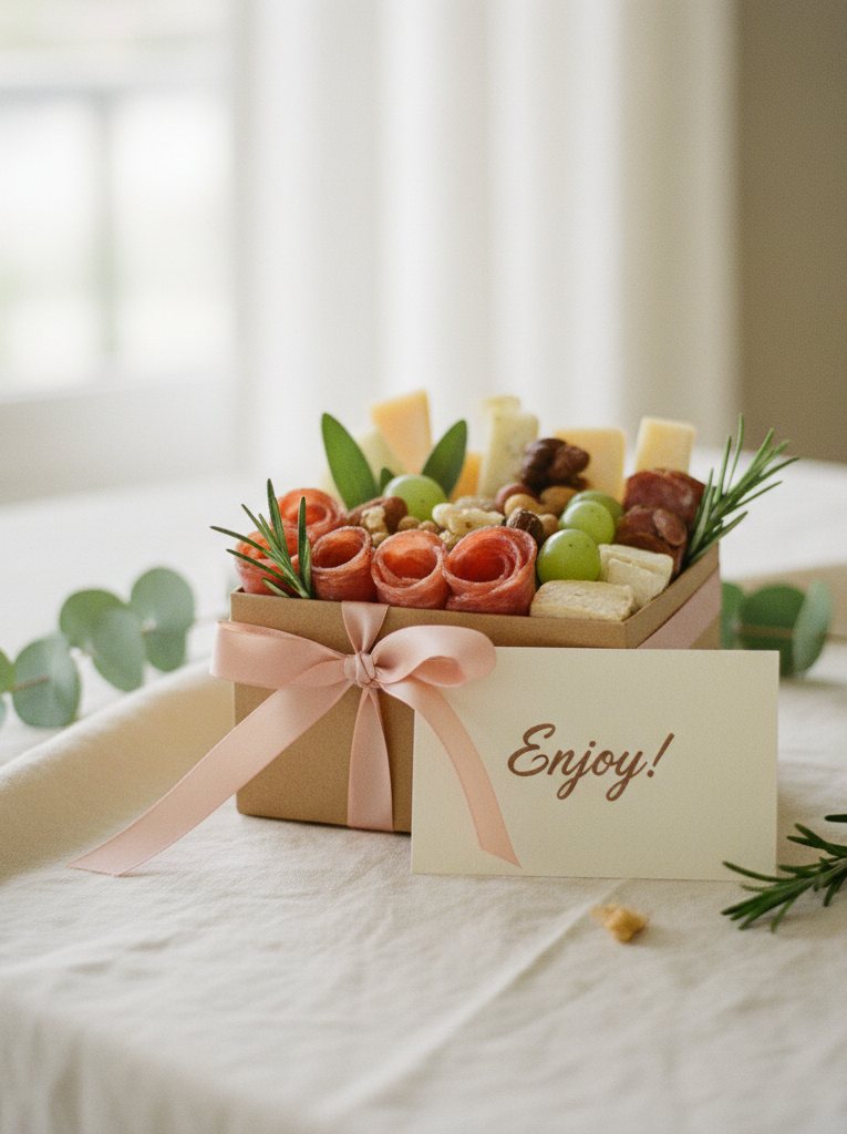 A gift box tied with a blush ribbon and a handwritten card
