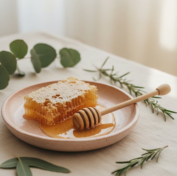 Honeycomb on a ceramic dish with a wooden dipper